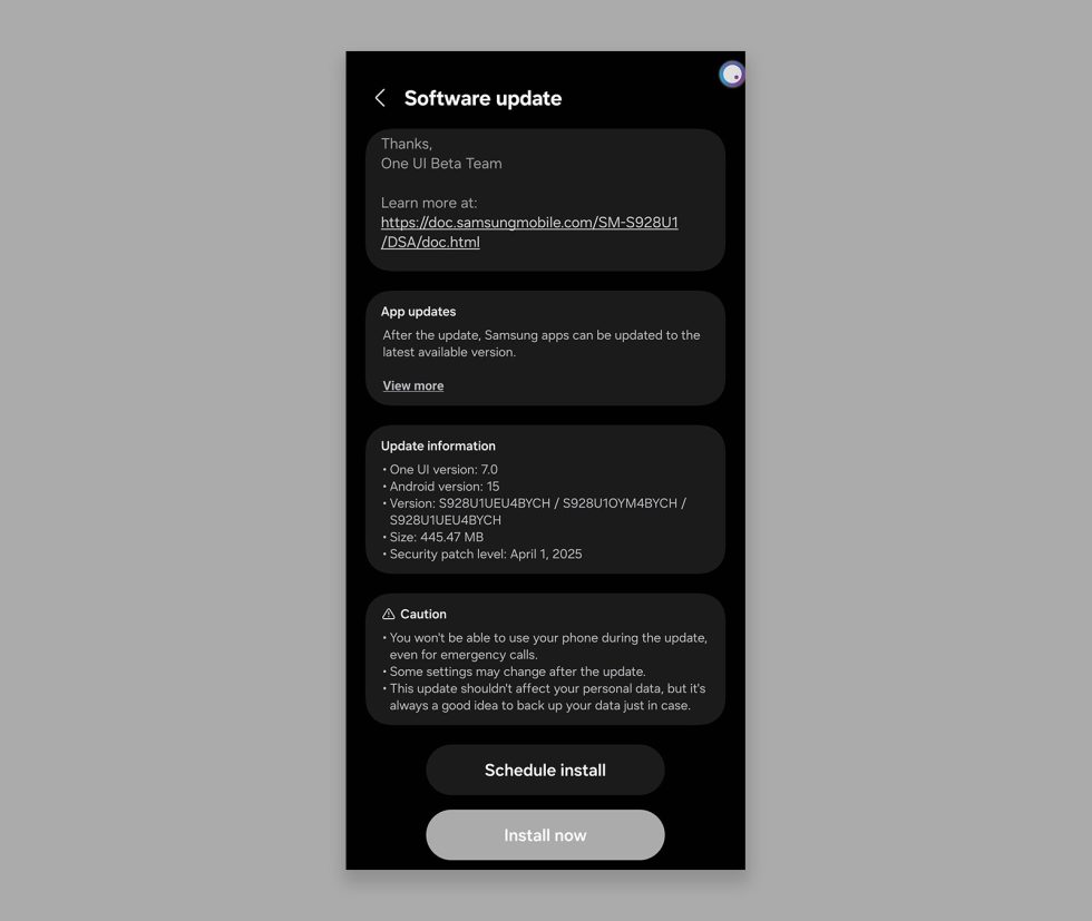 One UI 7 Update - Galaxy S24 Ultra - S928U1UEU4BYCH